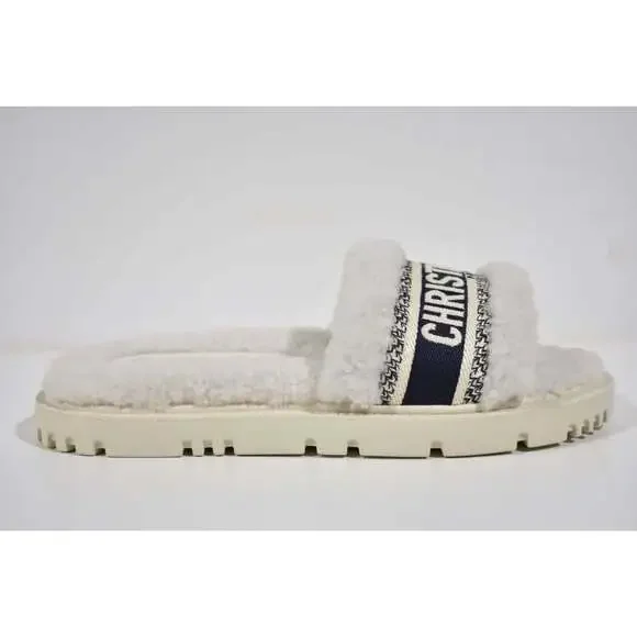 Christian Dior Dway Blue White Shearling Fur Logo Chunky Slide Flat Sandal 40